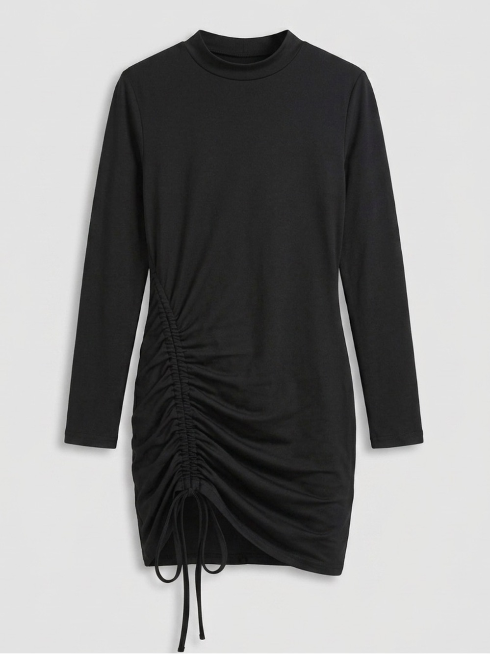 Long Sleeve Black Ruched Drawstring Bodycon Dress